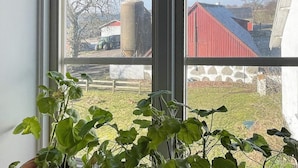 A view through a window with potted plants in the foreground, a red barn, and a silo in the background. - 4 Star Holiday Home in Solvesborg-by Traum (Sölvesborg)
