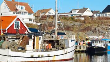 A harbor with a large fishing boat docked, surrounded by residential buildings with red and white facades.