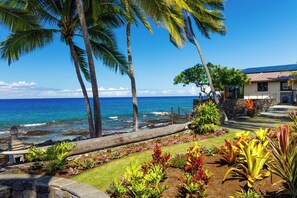 A coastal property with a garden, palm trees, and a view of the ocean.