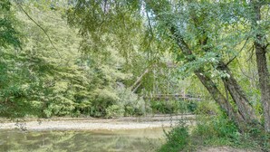 Un cadre paisible au bord de la rivière, avec une végétation luxuriante et un pont en bois.
