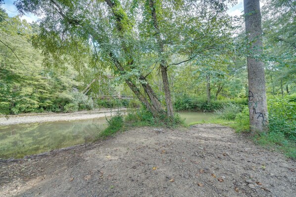Un paisaje natural con un sendero de tierra que lleva a un río, rodeado de árboles y vegetación.