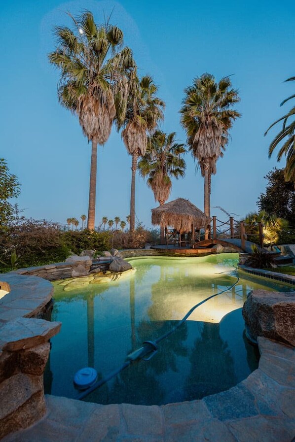 A swimming pool with a thatched-roof hut, surrounded by palm trees and rocks.