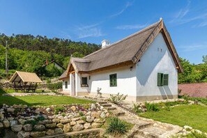 A traditional house with a thatched roof, white walls, and green shutters, surrounded by a well-maintained garden and stone pathway. - Klementina's Guest House (Nemesvita)