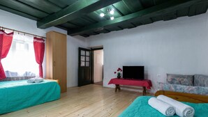 Une chambre avec deux lits, une télévision et un plafond en bois.