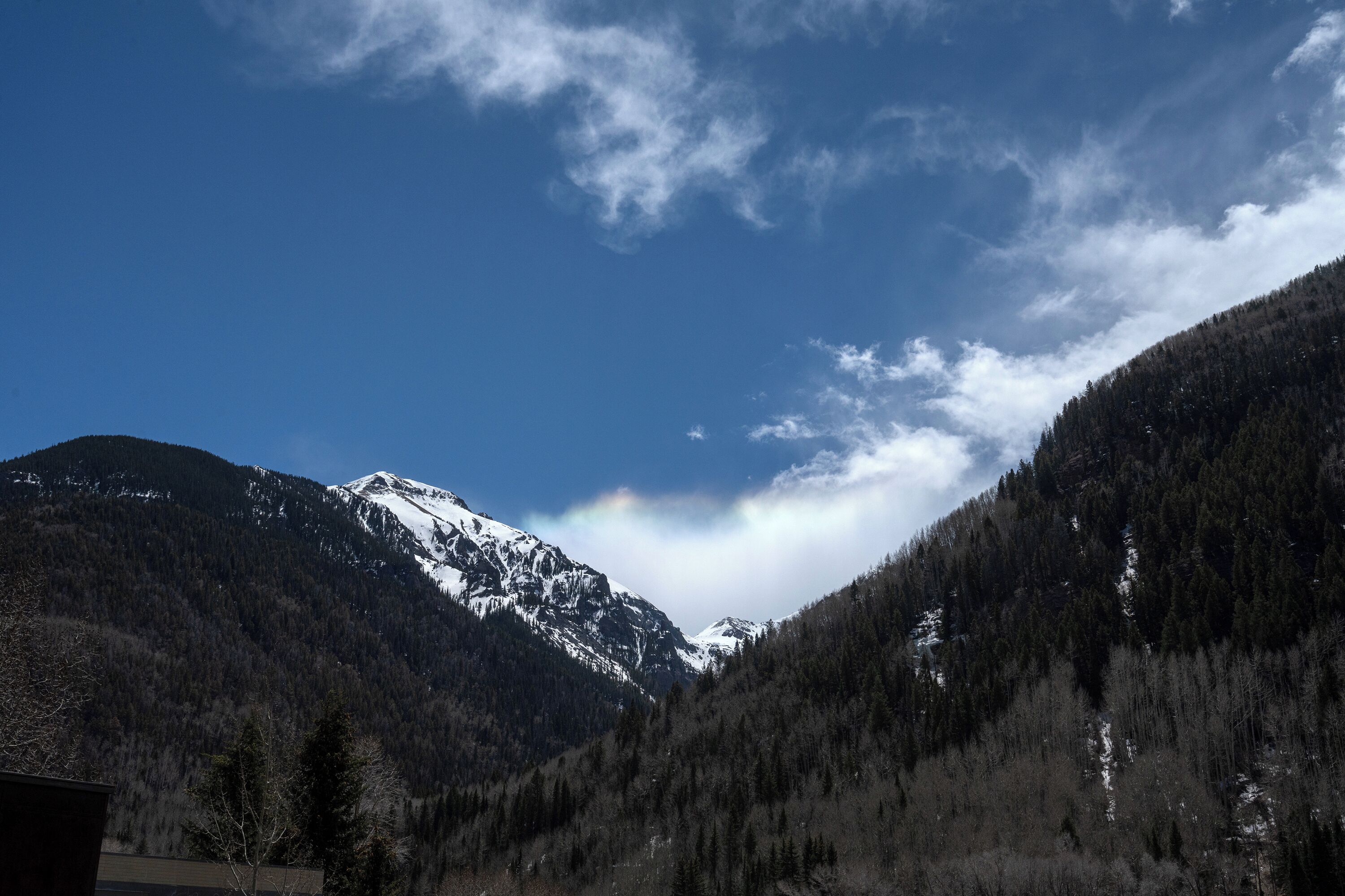A mountain landscape with snow-capped peaks, dense forest, and a clear sky.