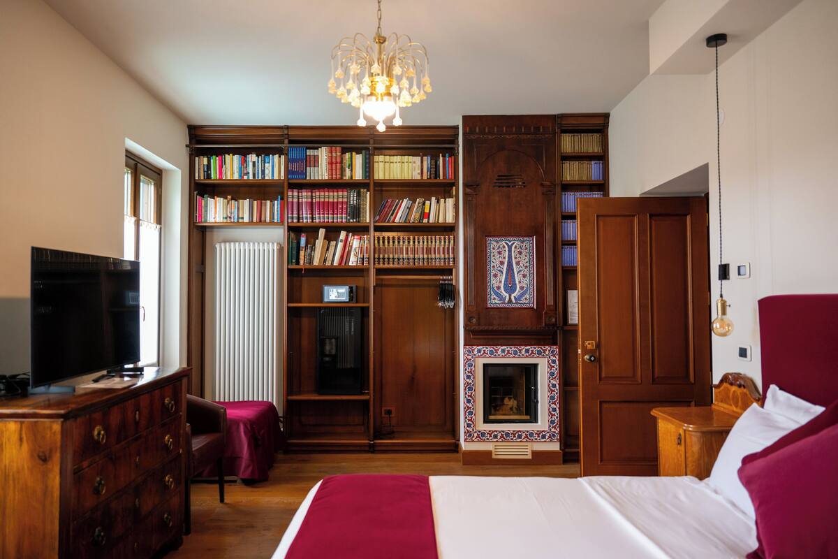 Un dormitorio con una cama grande, un televisor sobre una cómoda, una estantería y una chimenea.