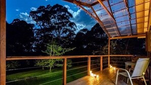 Une terrasse en bois avec un toit en verre, une chaise et une table.