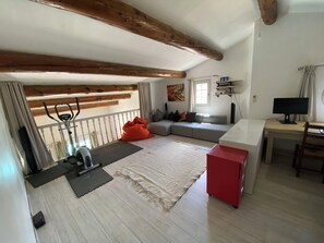 Een ruime woonkamer met een houten plafond, een grijze bank, een rode kast en een fitnessapparaat.