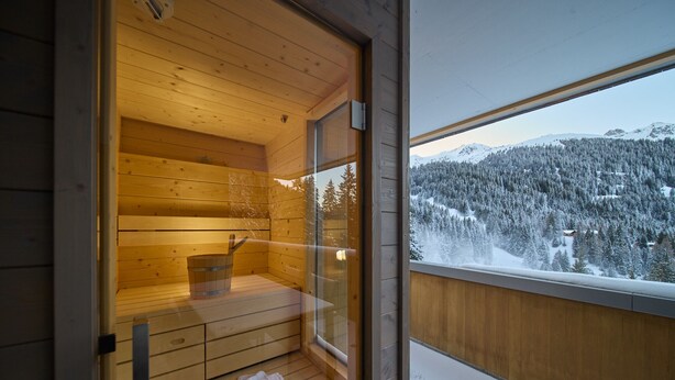 Una sauna de madera con vista a un bosque nevado.
