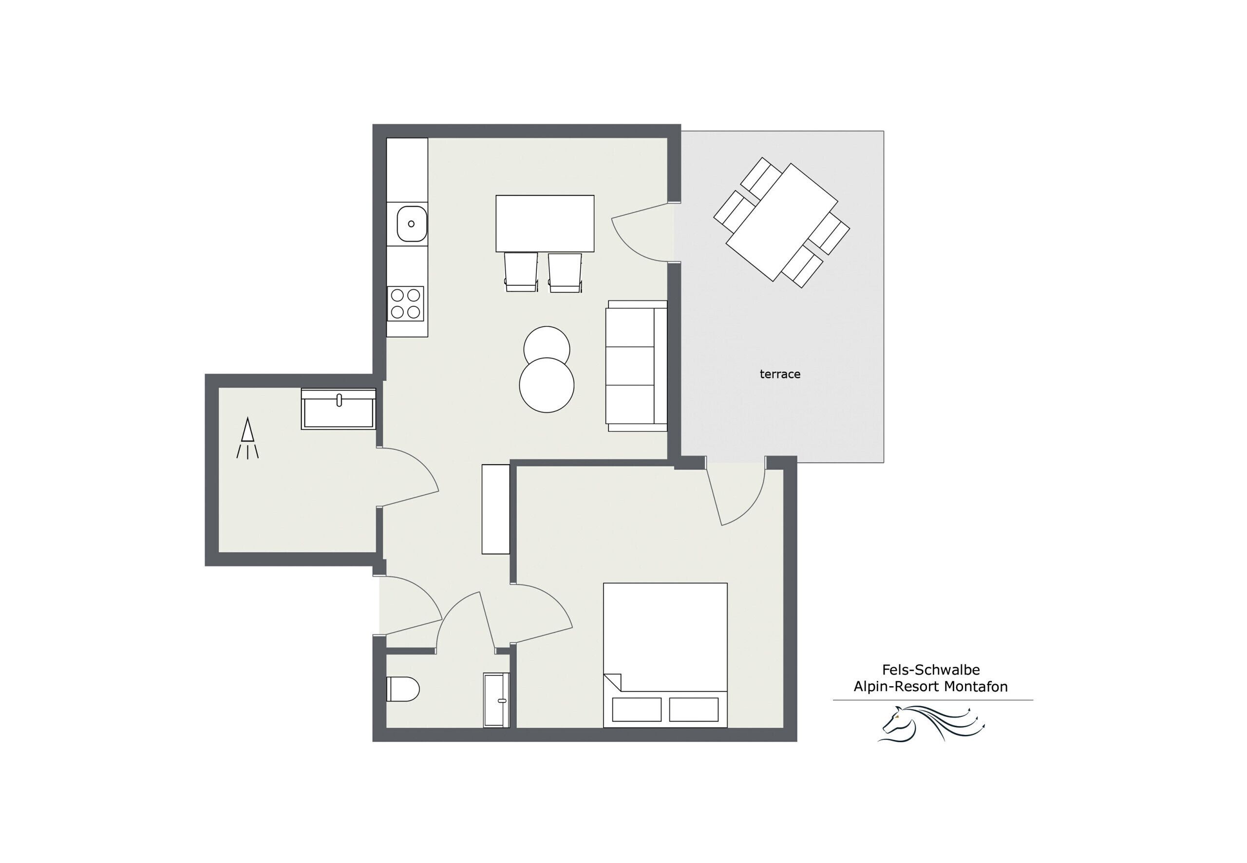 Un plan d’étage d’une chambre d’hôtel comprenant une cuisine, une terrasse et une salle de bain.