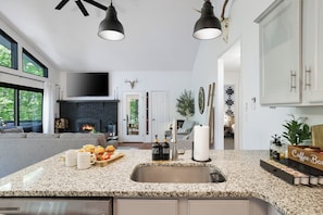 A modern kitchen with granite countertops, a stainless steel sink, and overhead lighting. - Poconos Chatham Continental - Hot Tub & Fire Pit (Bushkill)