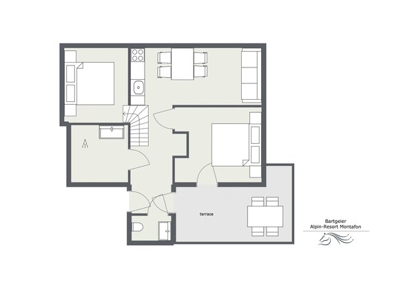 Un plan d’étage d’un hôtel comprenant plusieurs chambres, une terrasse et une salle de bain.