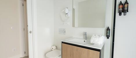 A modern bathroom with a toilet, sink, mirror, and hairdryer.
