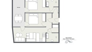 Een plattegrond van een hotel met een terras, meerdere slaapkamers, een keuken en een badkamer.