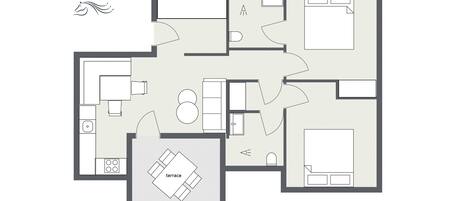 Plano de planta de un hotel que incluye cocina, comedor, sala de estar y una terraza.