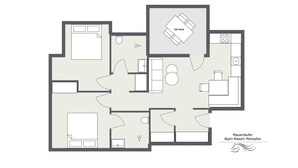 Un plan d’étage d’un hôtel comprenant une terrasse, plusieurs chambres, une cuisine et une salle de bain.