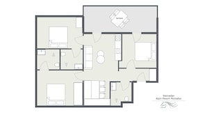 Plano de un cuarto de hotel con cama, escritorio, silla, baño pequeño y terraza.