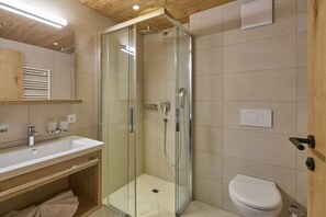 Regadera, secadora de cabello, papel de baño 