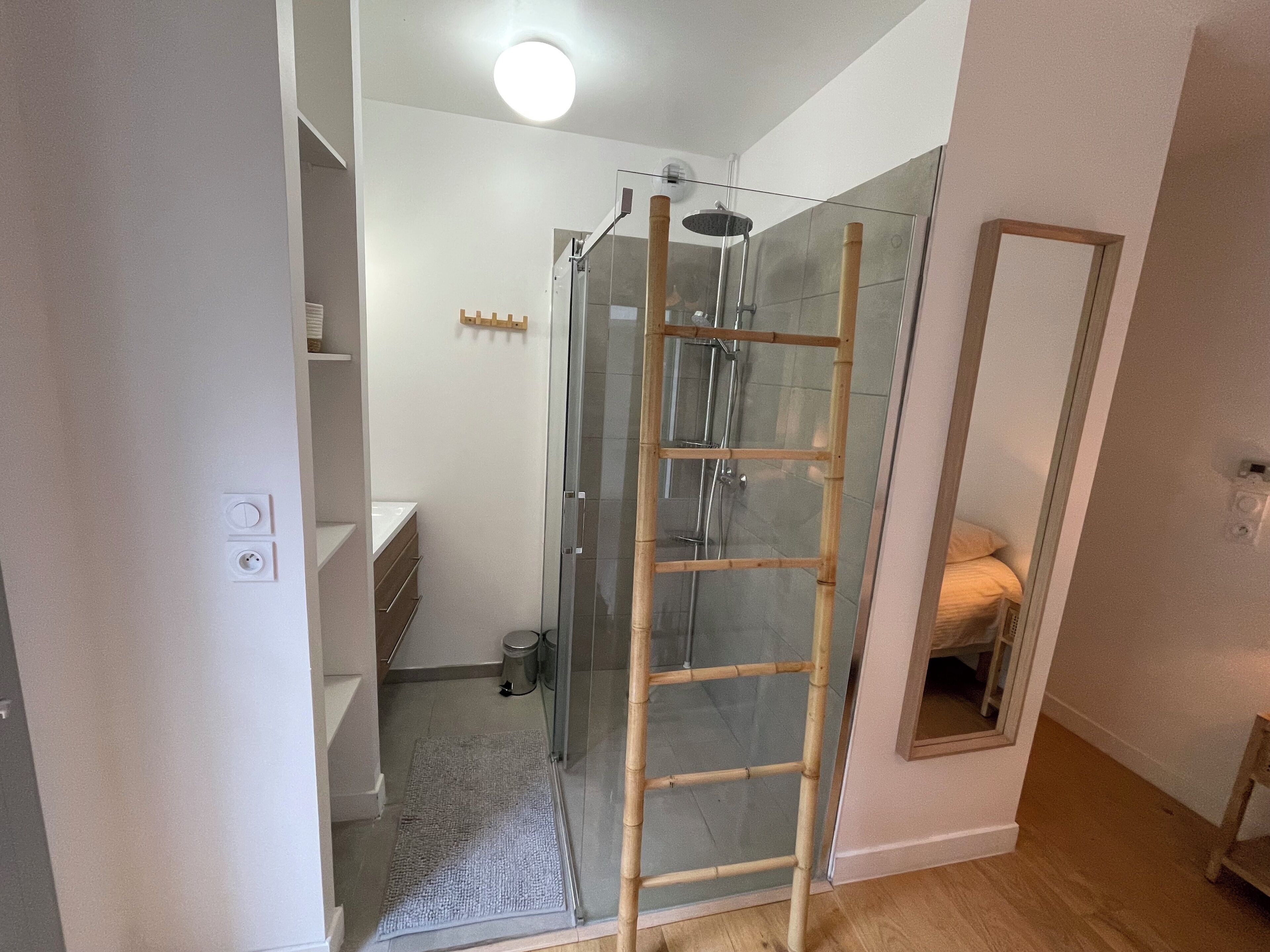 A modern bathroom with a glass shower enclosure, a wooden ladder, a toilet, and a small sink.