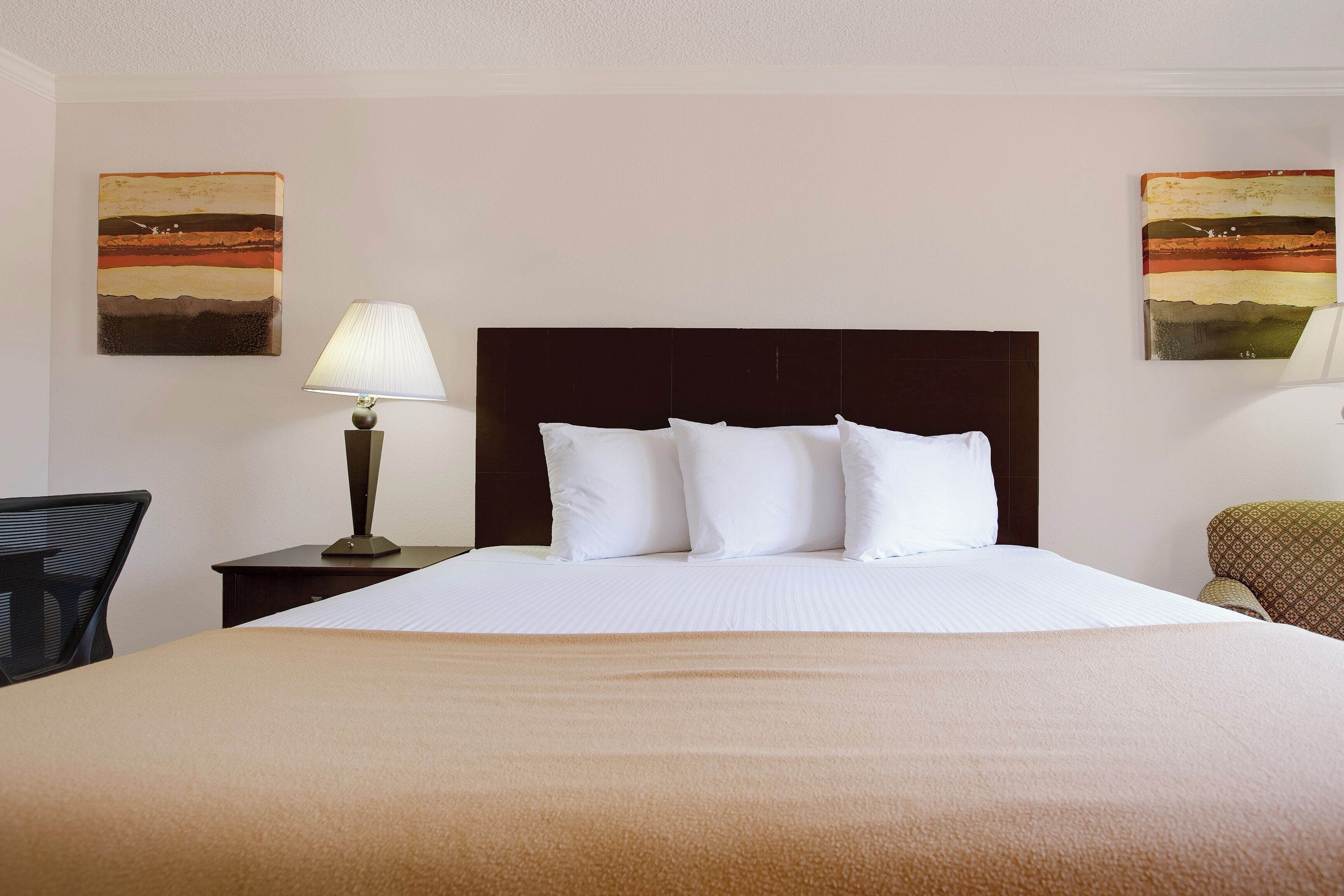 Habitación de hotel con una cama grande, una mesita de noche con lámpara, una silla y dos cuadros en las paredes.