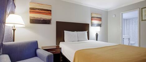 Habitación de hotel con cama, una silla, mesita de noche, lámpara y dos cuadros en la pared.