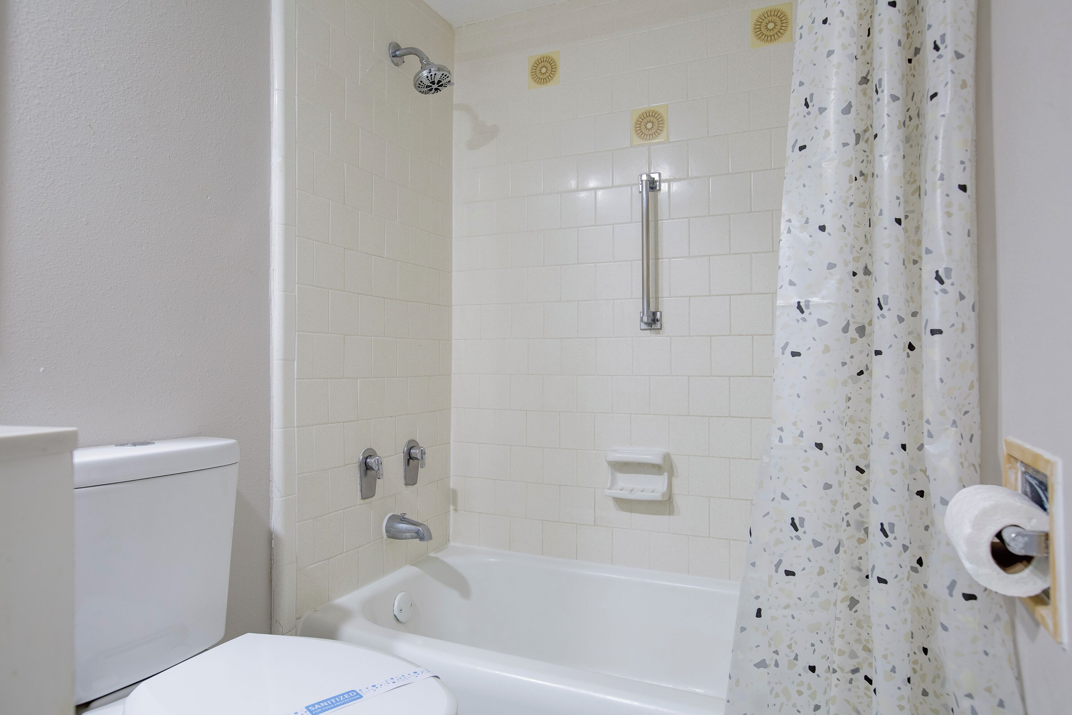 A bathroom with a toilet, a shower with a handheld showerhead, a bathtub, and a toilet paper holder.