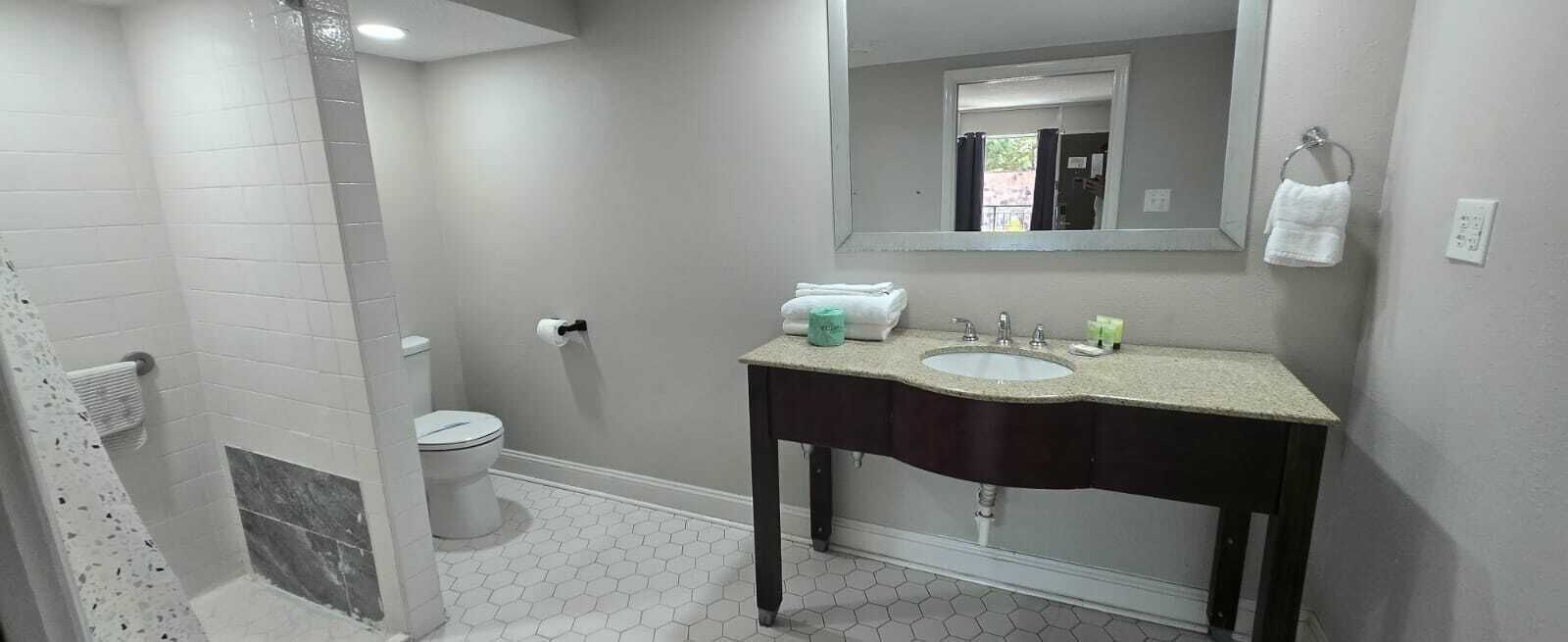 Room, 2 Queen Beds, Accessible, Non Smoking (with Roll-In-Shower) | Bathroom | Free toiletries, hair dryer, towels