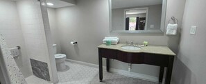 Room, 2 Queen Beds, Accessible, Non Smoking (with Roll-In-Shower) | Bathroom | Free toiletries, hair dryer, towels
