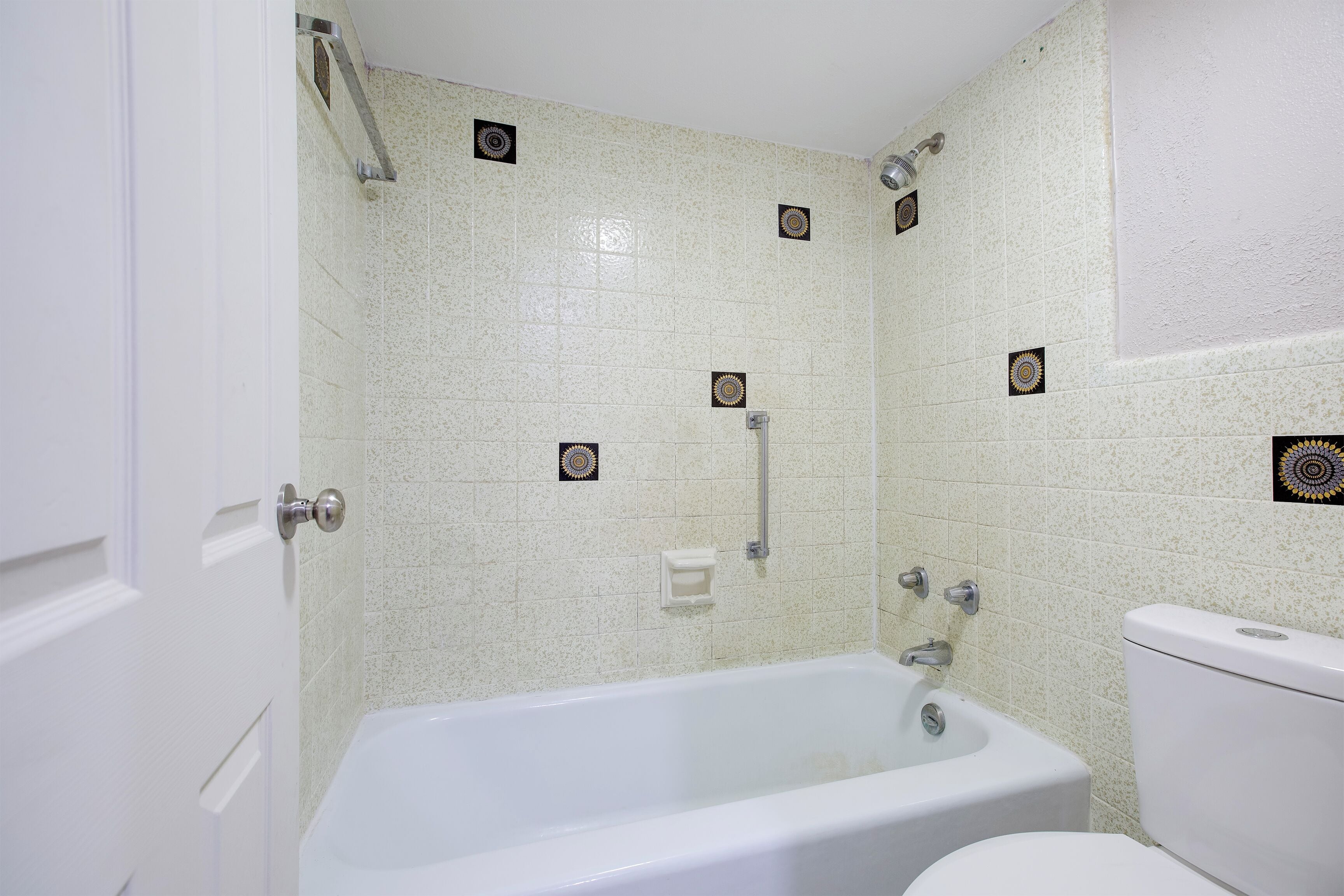 Une salle de bain avec une baignoire, des toilettes et une douche.