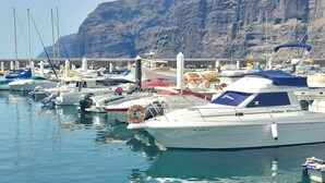 Un puerto deportivo con barcos amarrados, un telón de fondo de montaña rocosa y un cielo despejado.