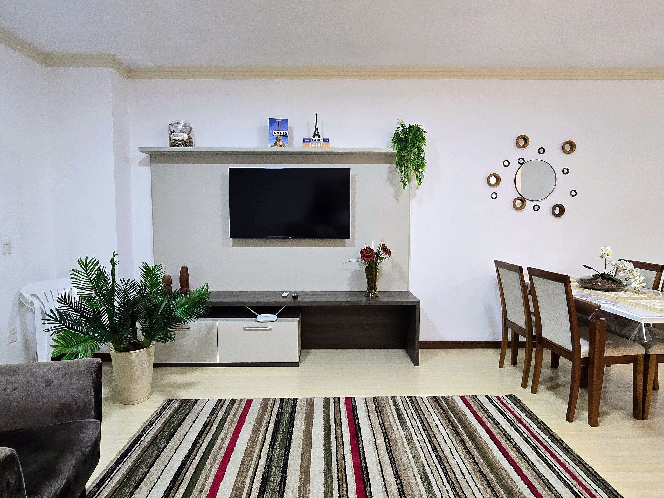 Een woonkamer met een flatscreen televisie, een salontafel, een eettafel met stoelen, een gestreept vloerkleed en een plant.