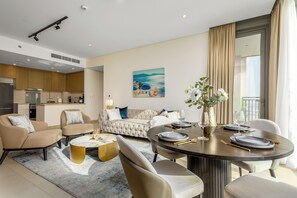 Elite Apartment, Balcony, Sea View | Living area | 55-inch Smart TV with cable channels, Netflix, streaming services - Waves - Spectacular Seaside Retreat Apt With Views (Dubai)