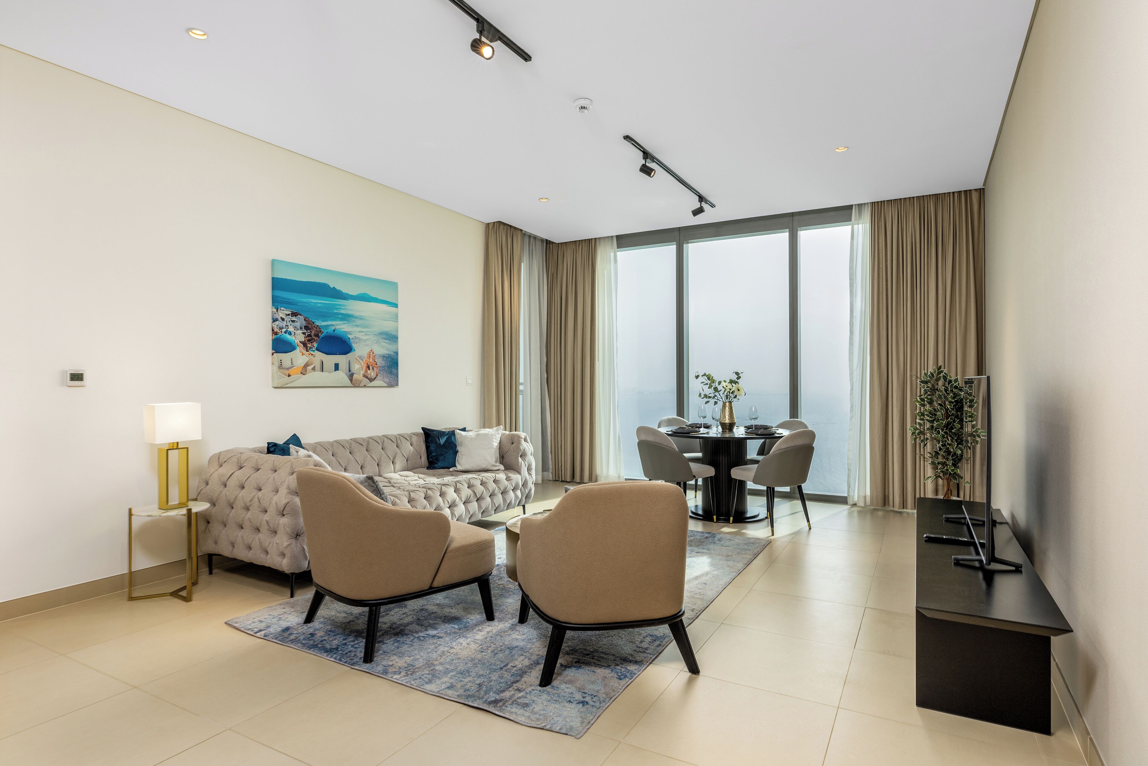 Elite Apartment, Balcony, Sea View | Living area | 55-inch Smart TV with cable channels, Netflix, streaming services