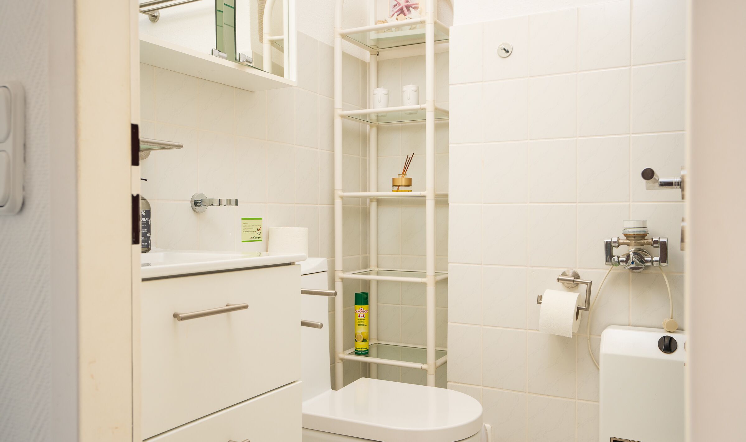 Een badkamer met een toilet, een plank met toiletartikelen en een douchehoek.