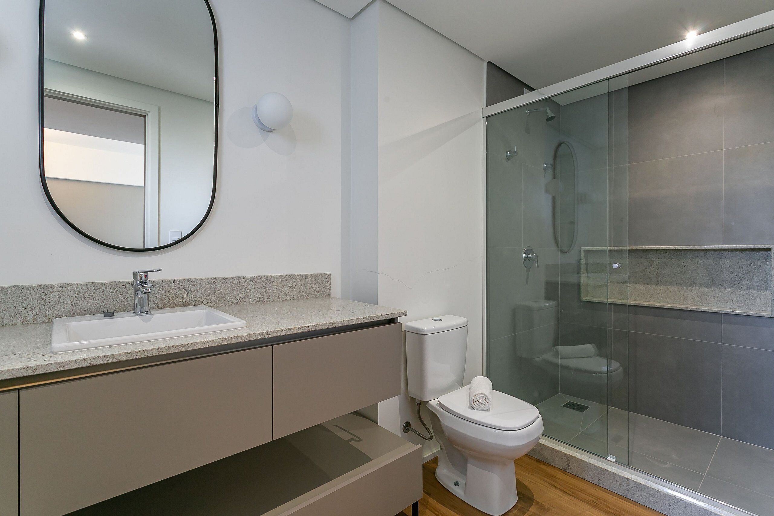 Shower, hair dryer, towels, toilet paper