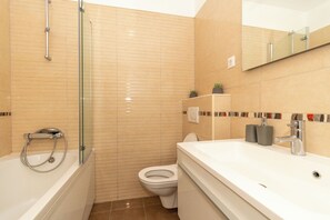 Hair dryer, towels, soap, shampoo