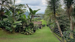 Un vialetto immerso in un rigoglioso giardino conduce a un edificio rustico con tetto di paglia, circondato da fitta vegetazione tropicale.