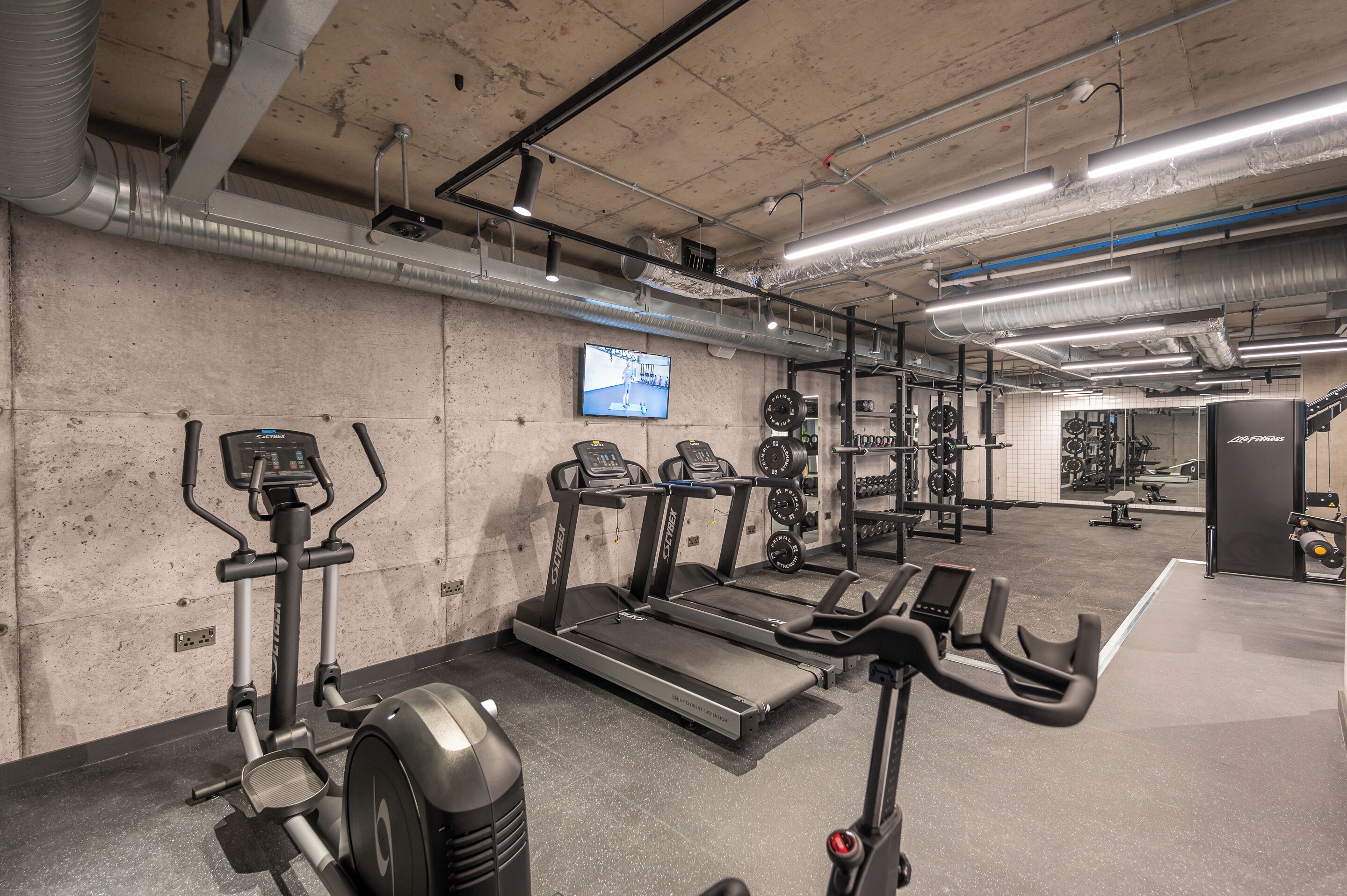 Un gimnasio con cintas de correr, elípticas y equipo de levantamiento de pesas.