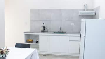 Refrigerador, tetera/pava eléctrica, utensilios de cocina, especias