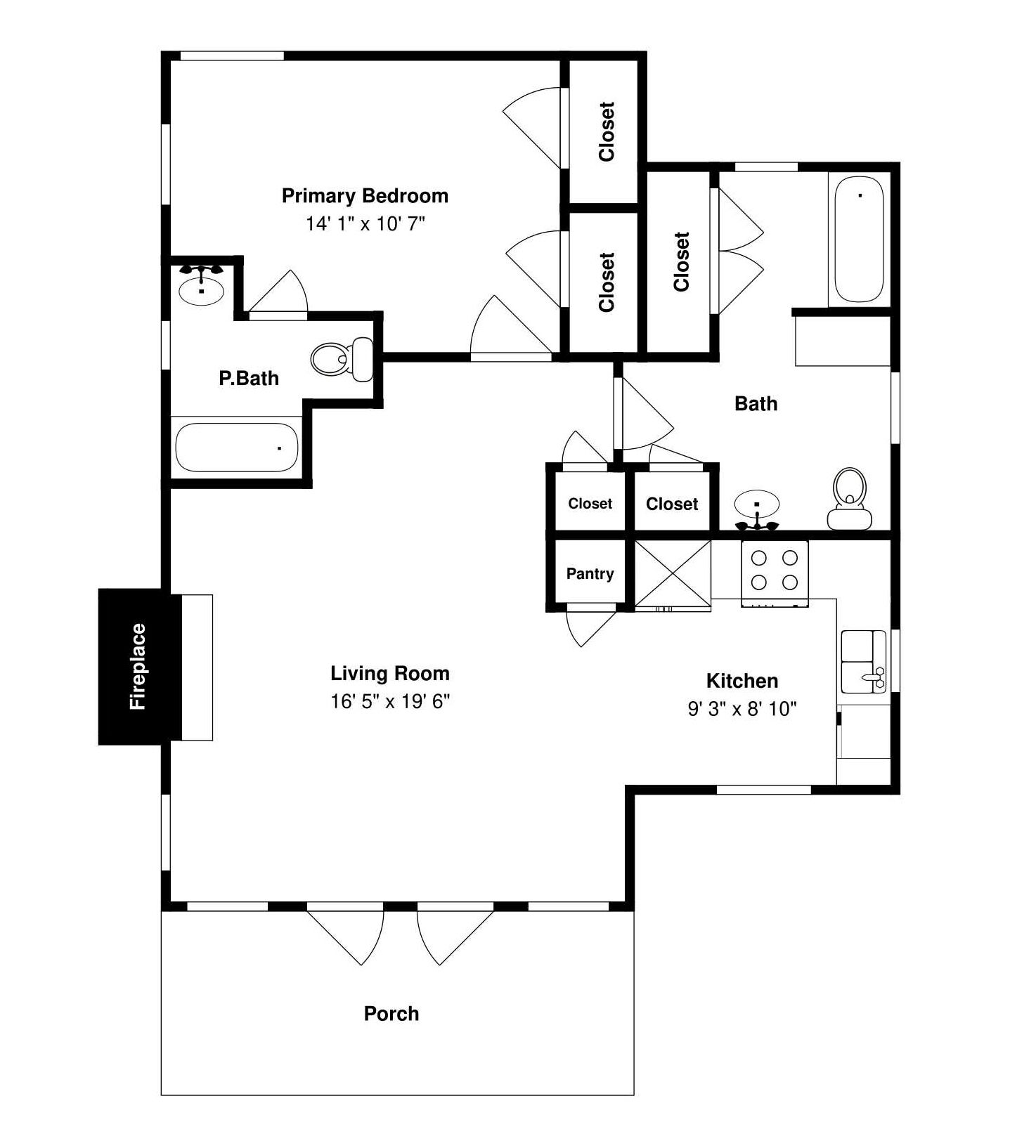 A floor plan of a house with a living room, kitchen, primary bedroom, bathroom, and a fireplace.