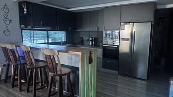 Frigorífico, microondas, horno y placa de cocina