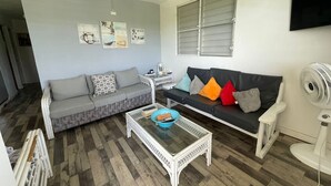 A living room with a grey sofa, a black sofa with colorful cushions, a glass coffee table, and a ceiling fan.