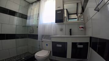 Shower, towels, toilet paper