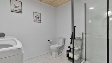A modern bathroom with a toilet, bidet, and shower. There are two framed pictures on the wall.