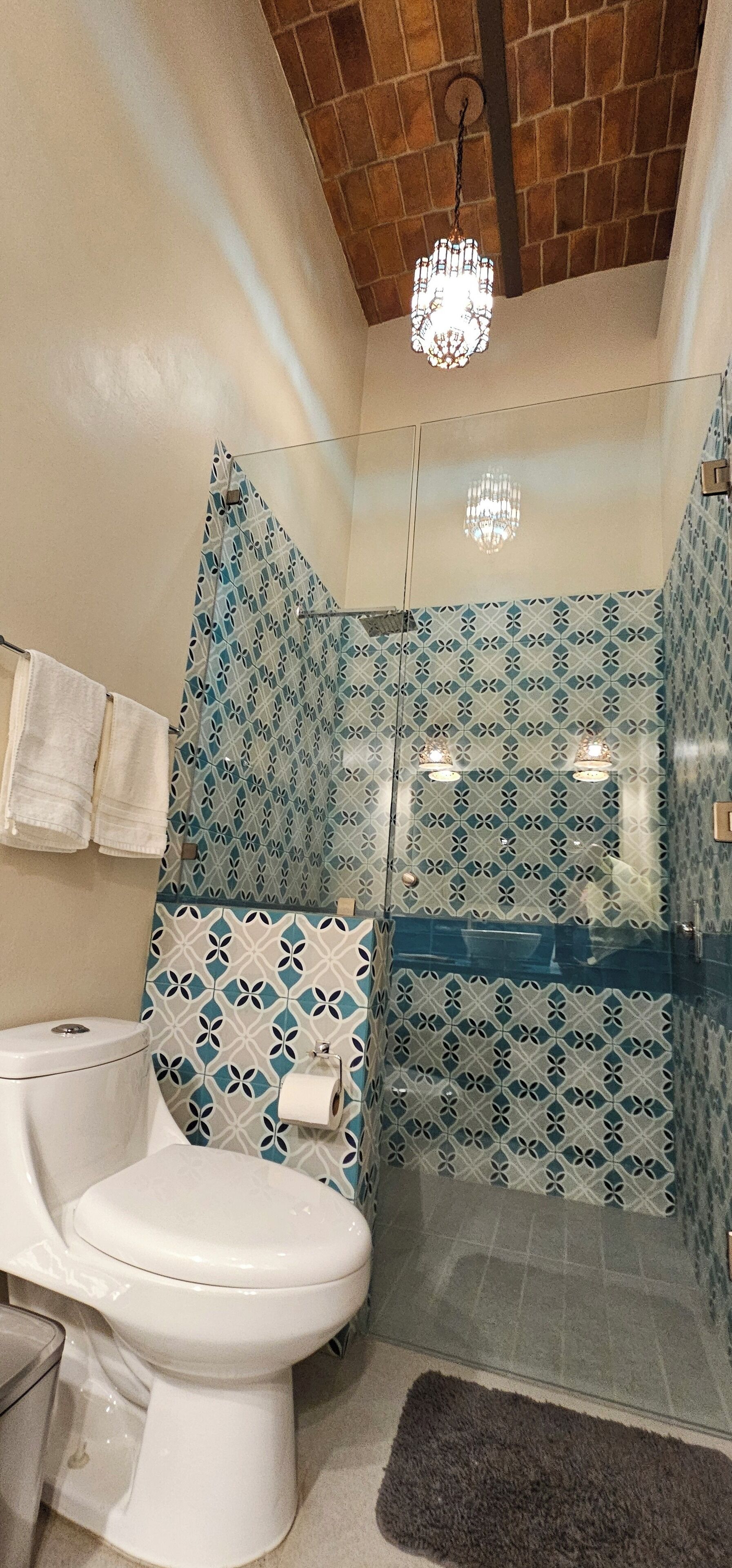 Un baño con inodoro, ducha con azulejos estampados y una araña.