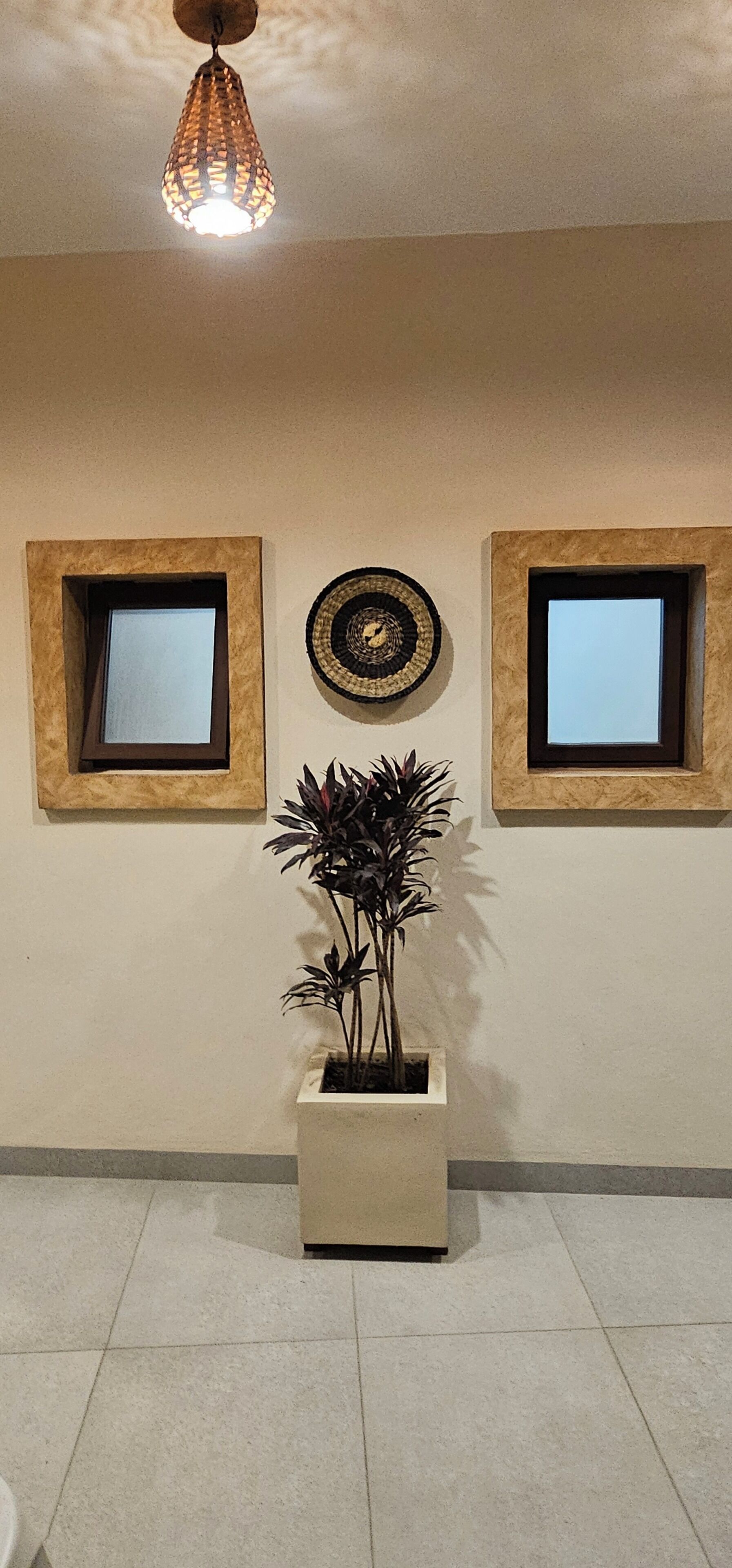 A room with a ceiling light fixture, two framed wall decorations, and a potted plant.