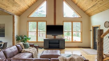 Smart TV, fireplace, foosball, books