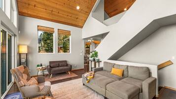 Smart TV, fireplace, books, offices