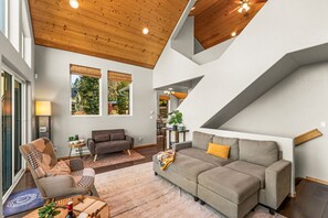 TV connectée, cheminée, livres, espaces bureaux