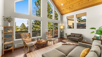 Smart TV, chimenea, libros, oficina